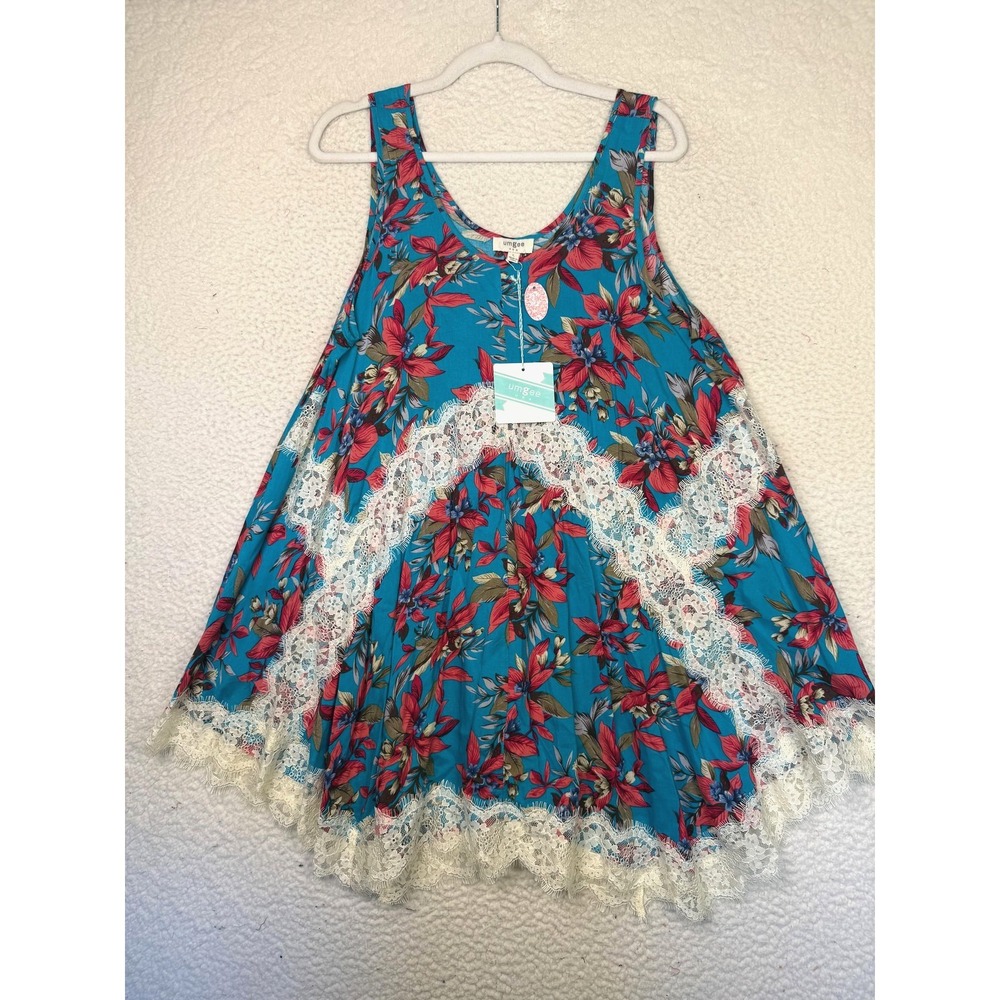 Umgee Dress Womens Large Blue Floral Lace Cottagecore Swing Boho Sundress